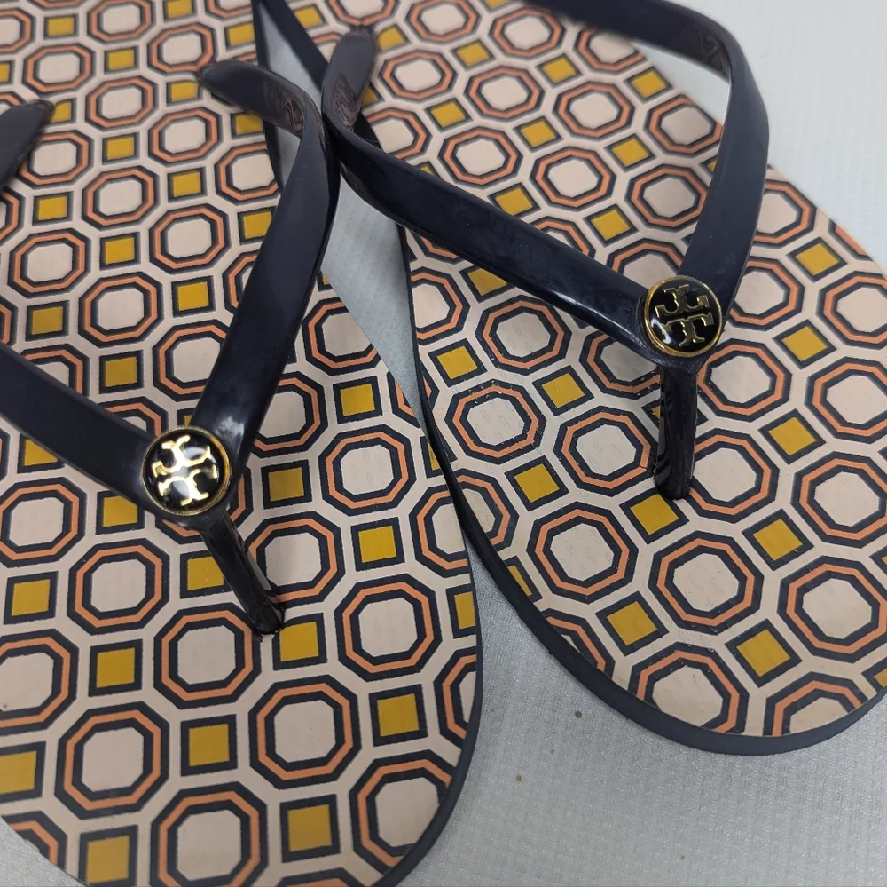 Tory Burch Geometric Multicolor Gold Logo Thong Sandals Flip Flops Women's 10
